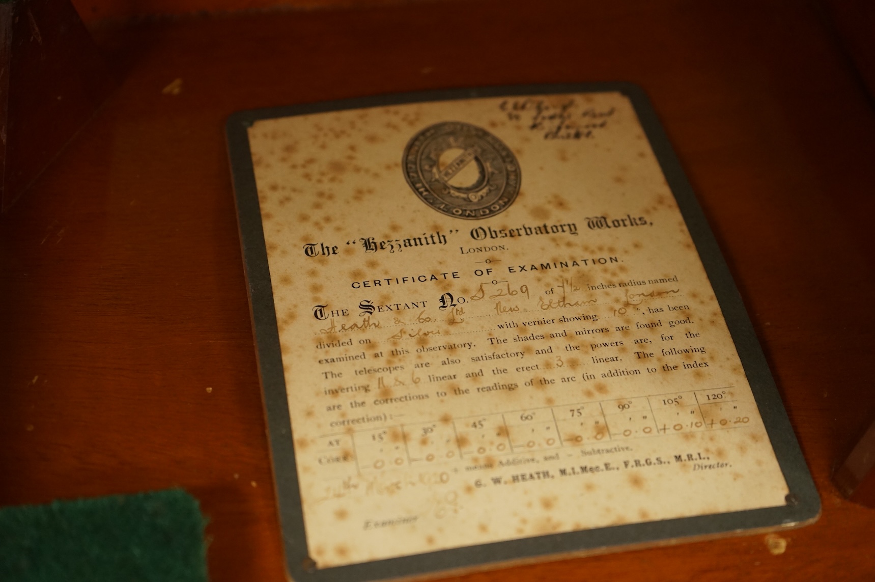 A 19th century mahogany cased sextant by Heath & co Ltd., New Eltham, London, in a fitted case with card label for the Hezzanith Observatory Works